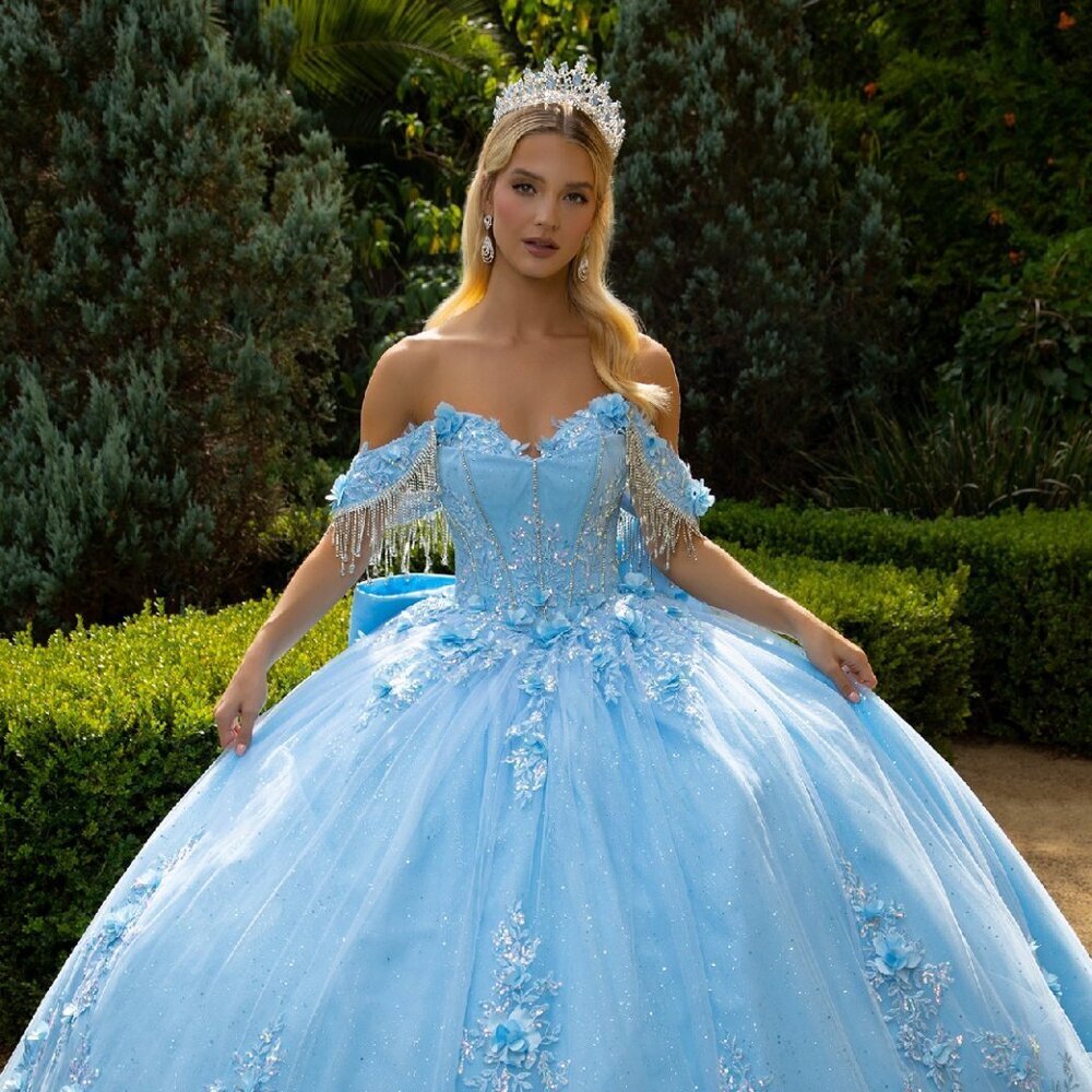 New Elegant Gown w/ Back Ribbon Floral Applique & Rhinestones Embroidery GL3525